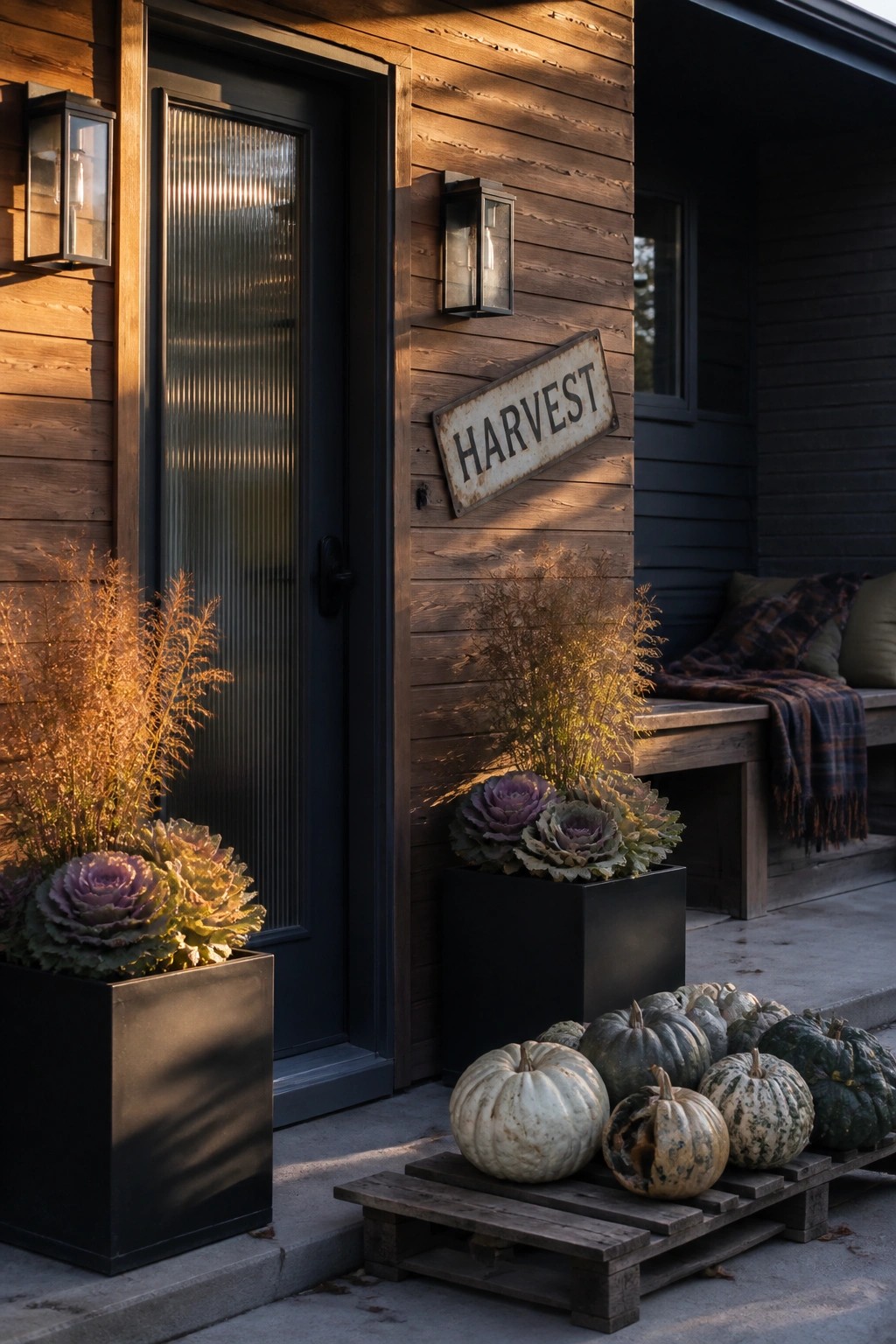 A wooden house exterior shows a black front door flanked by two black planters holding ornamental cabbage, with a wooden pallet holding assorted pumpkins placed on the concrete in front.
