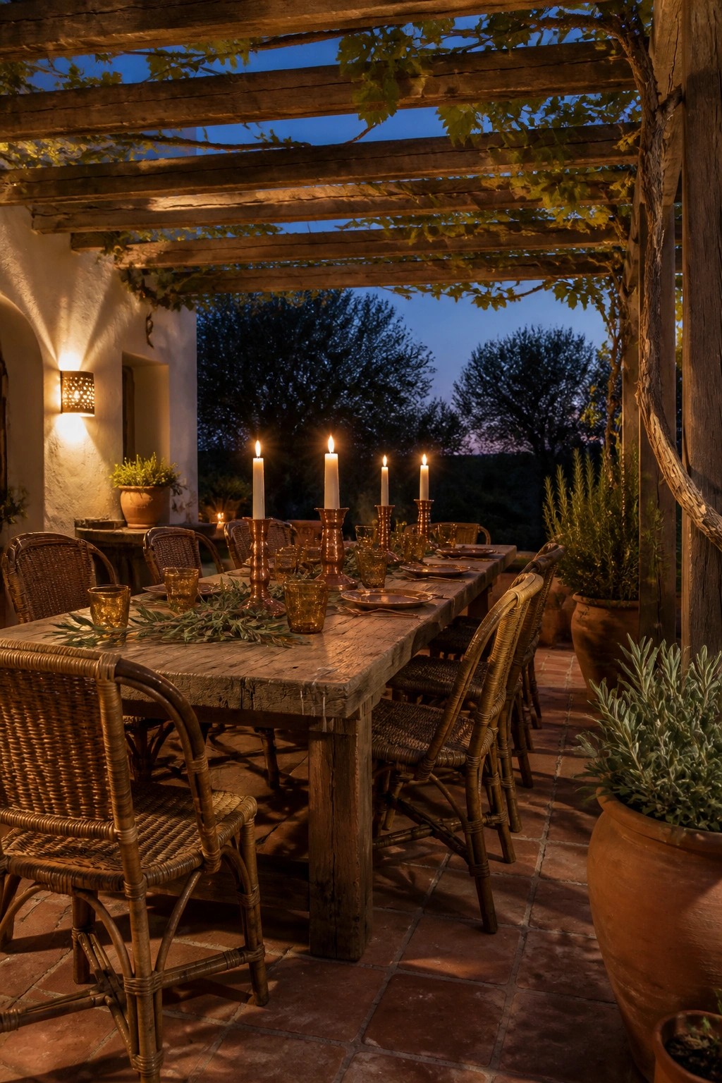 A long wooden table with lit candles in holders sits under a wooden pergola on a brick patio, surrounded by woven chairs and large potted plants at dusk.