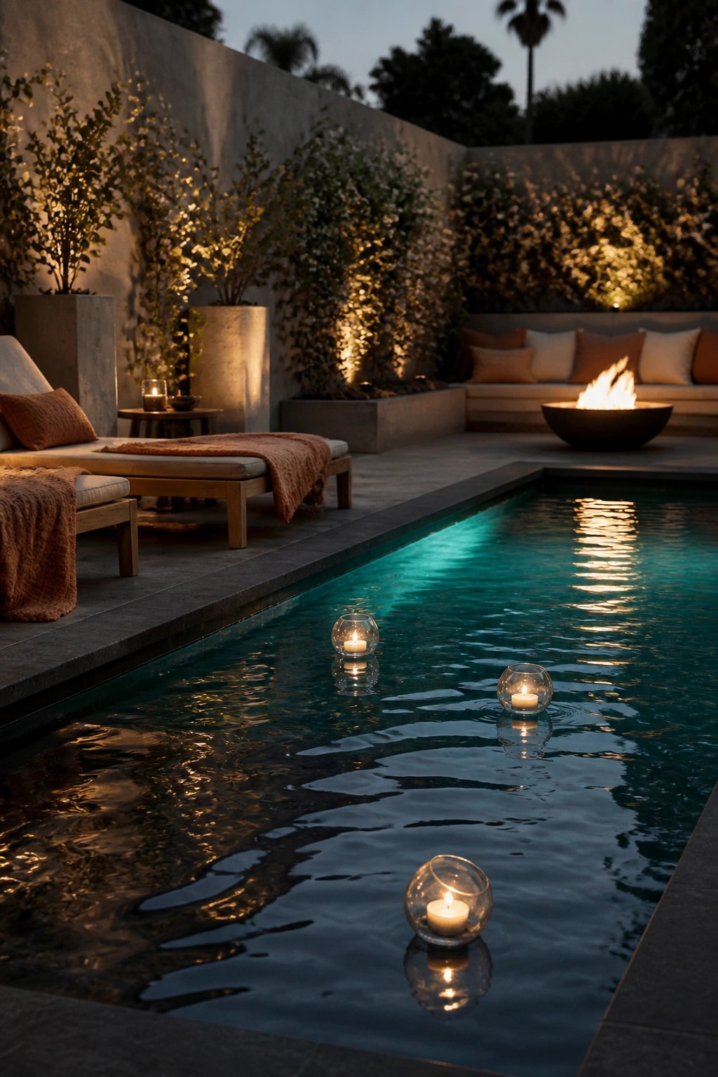 A rectangular pool at dusk with three lit candles floating in glass holders on the water, next to lounge chairs and a fire pit.