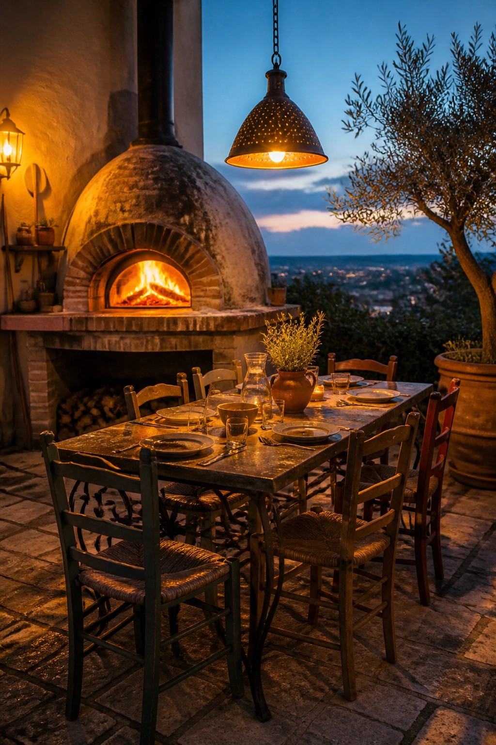 An outdoor dining table on a stone patio with a large hanging pendant light above it and a lit wood-fired oven nearby at dusk.