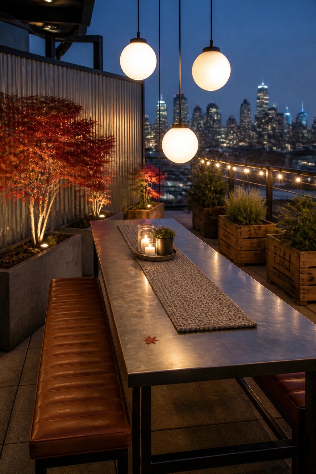 A long concrete outdoor dining table with brown leather benches on a rooftop terrace at dusk, lit by three large spherical pendant lights, with potted trees and a city skyline behind.