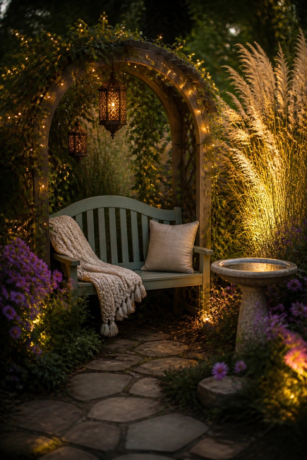 A wooden garden arch strung with lights and two hanging lanterns above a light blue bench with a knit blanket and pillow, next to a stone path and stone birdbath in a garden at dusk.