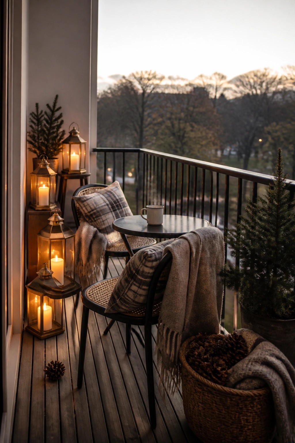 A wooden balcony at dusk with two chairs and a round table, surrounded by multiple lit lanterns and potted evergreen trees.