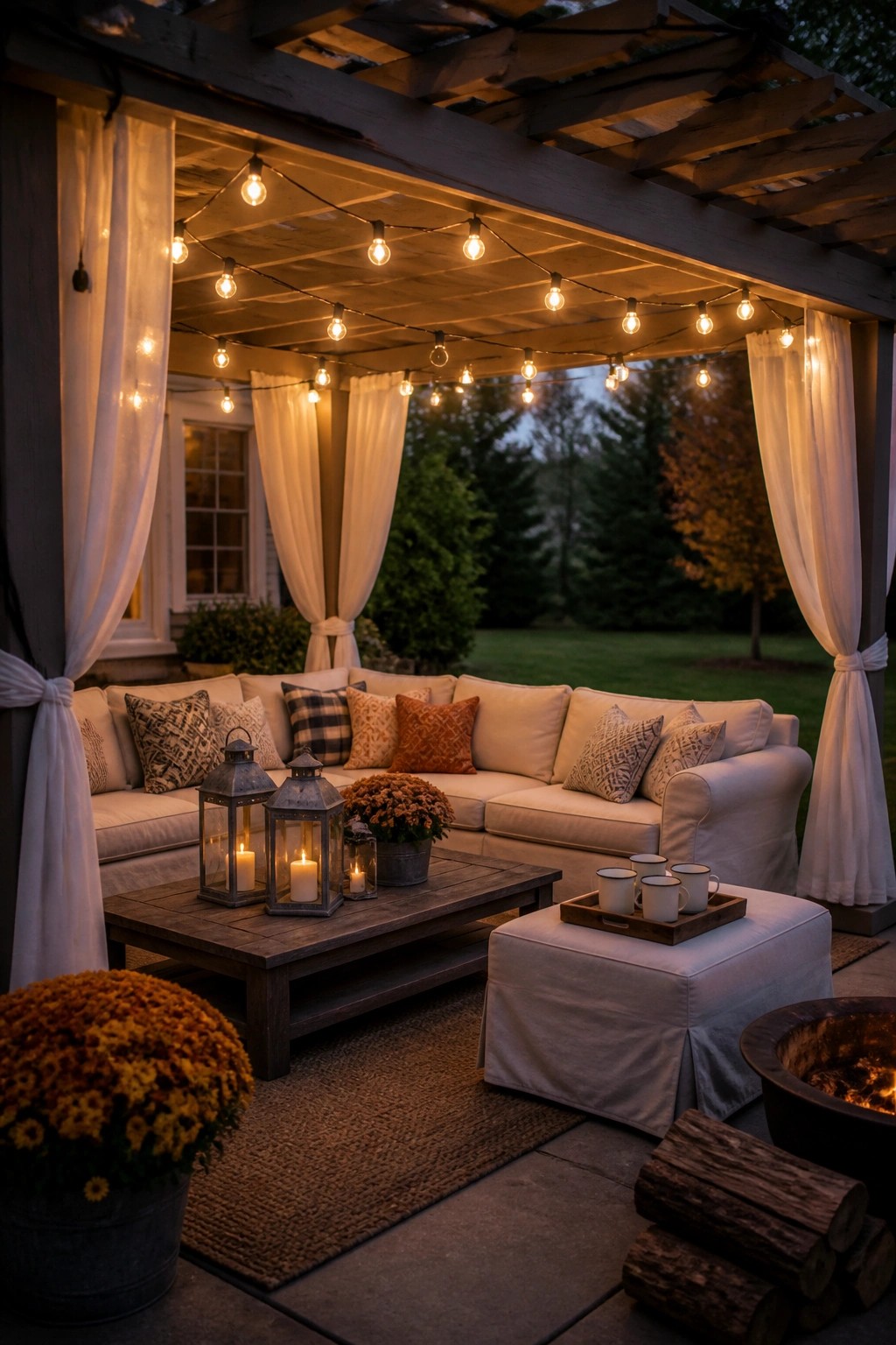 Cozy patio with string lights, sectional sofa, lanterns, fire pit, and autumn flowers.