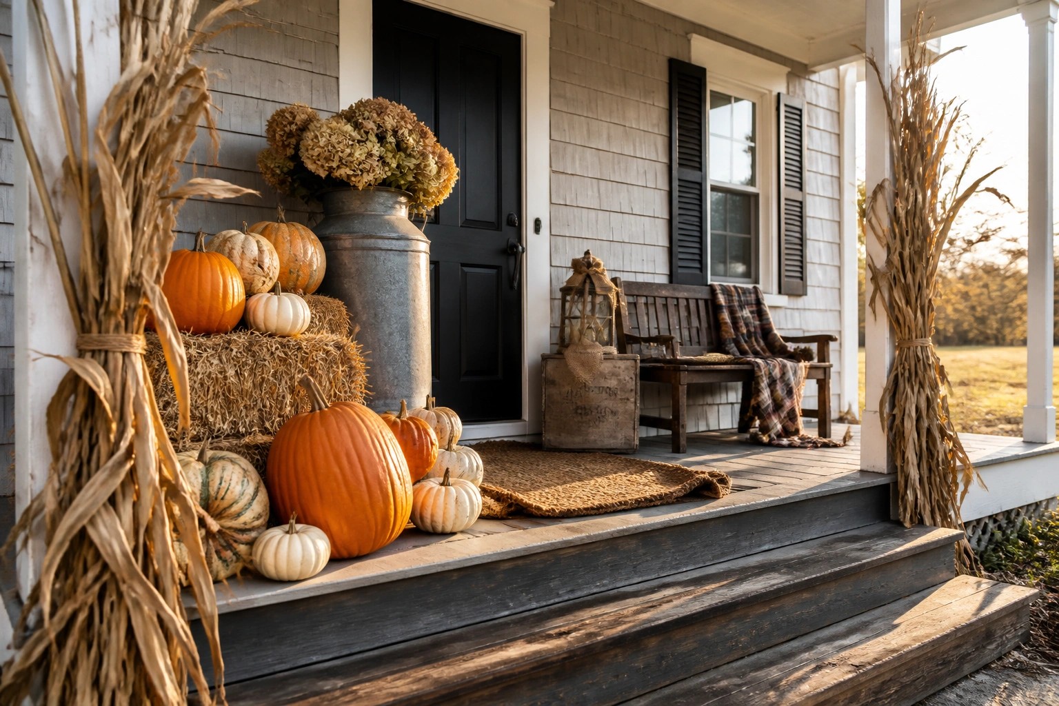 A white farmhouse porch decorated for fall with pumpkins on hay bales, dried corn stalk bundles, a metal milk can with dried flowers, a lantern on a crate, and a black front door.