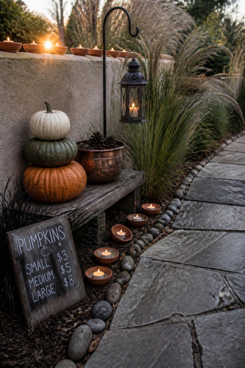 A stone garden path bordered by pebbles has small lit candles in bowls along the edge, with stacked pumpkins on a wooden bench and a hanging lantern nearby.
