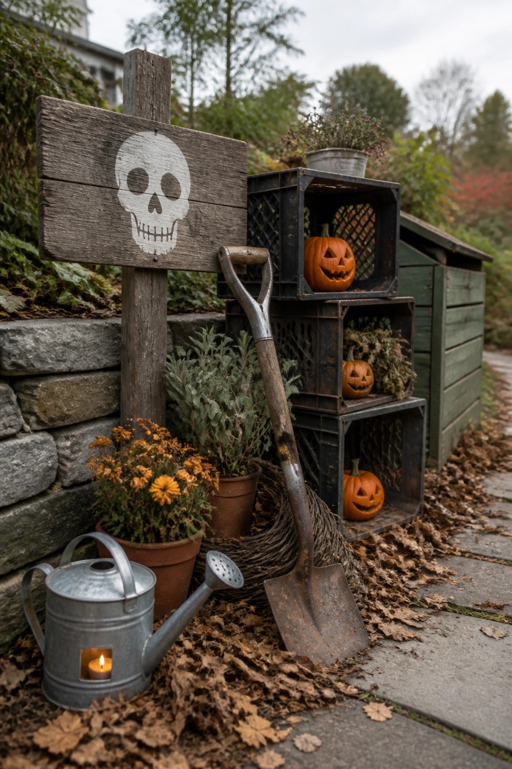 A wooden skull sign on a post beside a shovel, metal watering can with a lit candle inside, potted flowers, and stacked black crates holding carved pumpkins along a leaf-covered path next to a stone wall.