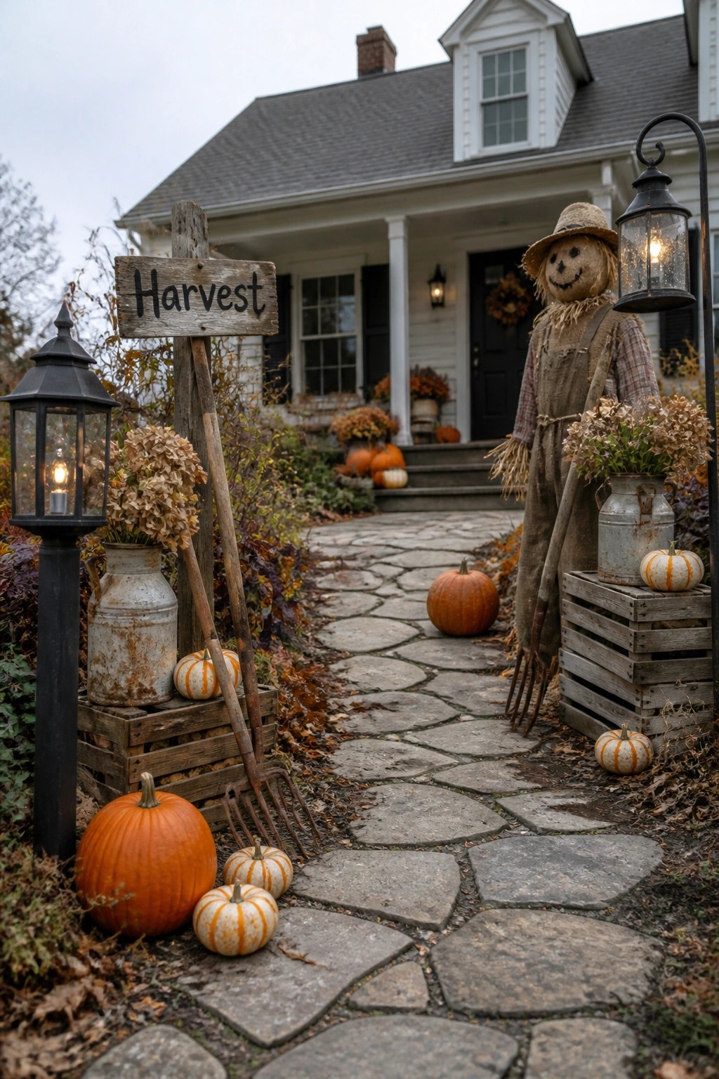 A stone pathway to a white house lined with wooden crates, metal milk cans filled with dried flowers, pumpkins, lanterns, a scarecrow, and a wooden harvest sign.