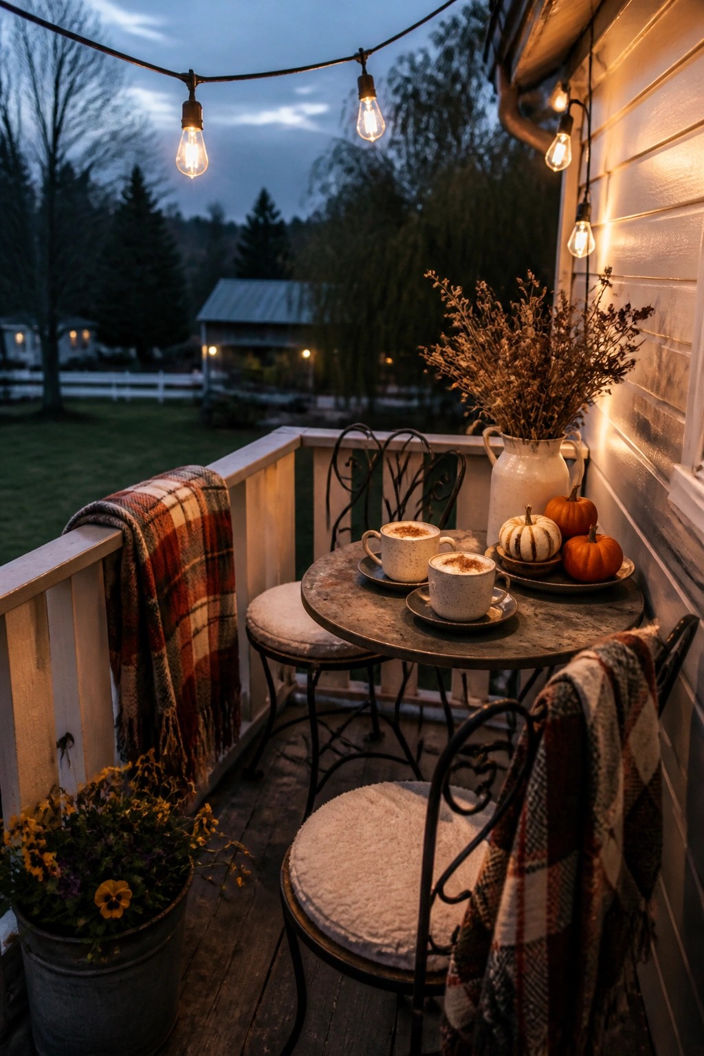 A wooden porch at dusk with string lights overhead, a round table holding two mugs and small pumpkins, chairs draped with plaid blankets, and a metal bucket of flowers in the foreground.