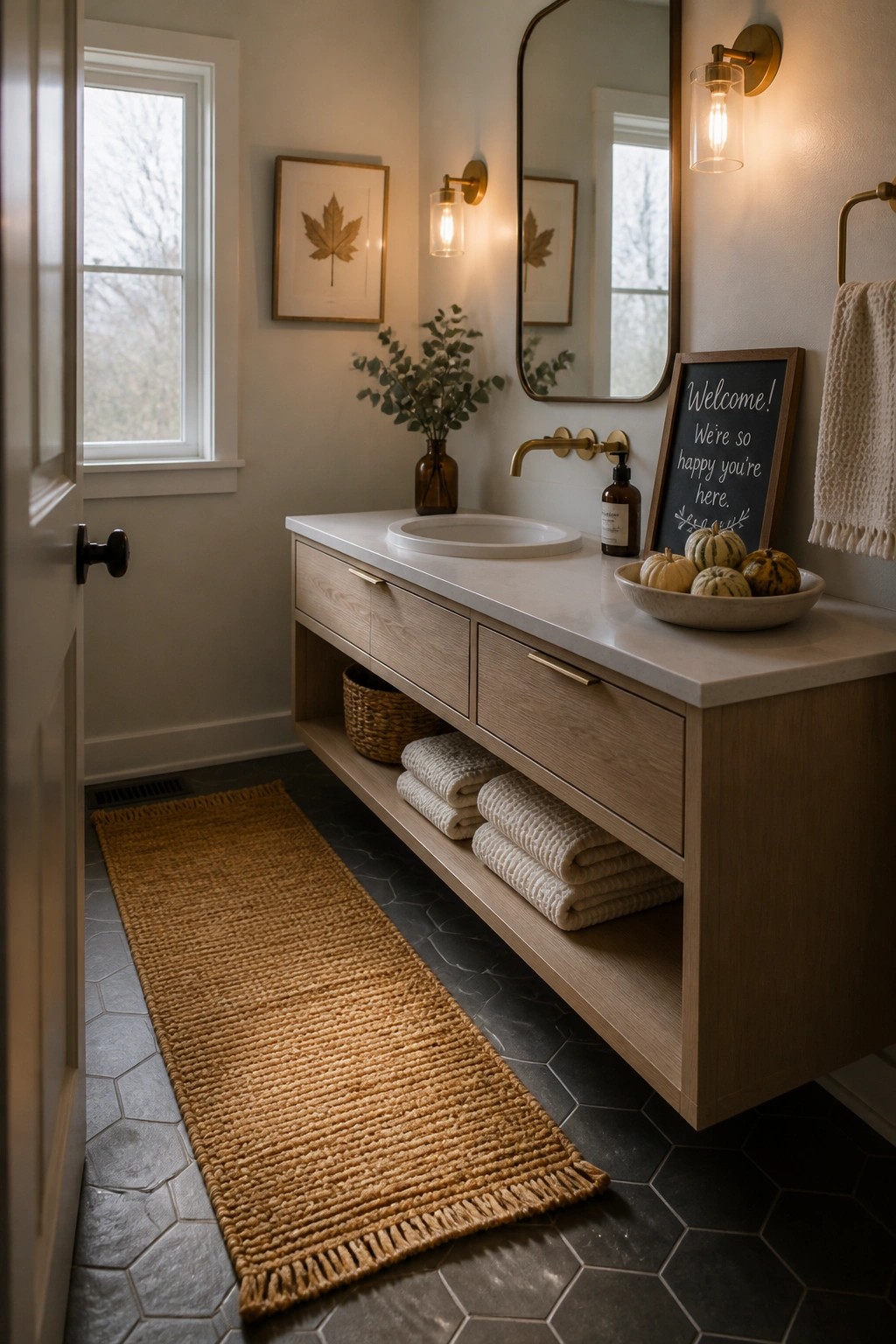 A bathroom vanity with a white sink, wood cabinet, bowl of small pumpkins, and a chalkboard sign that reads 