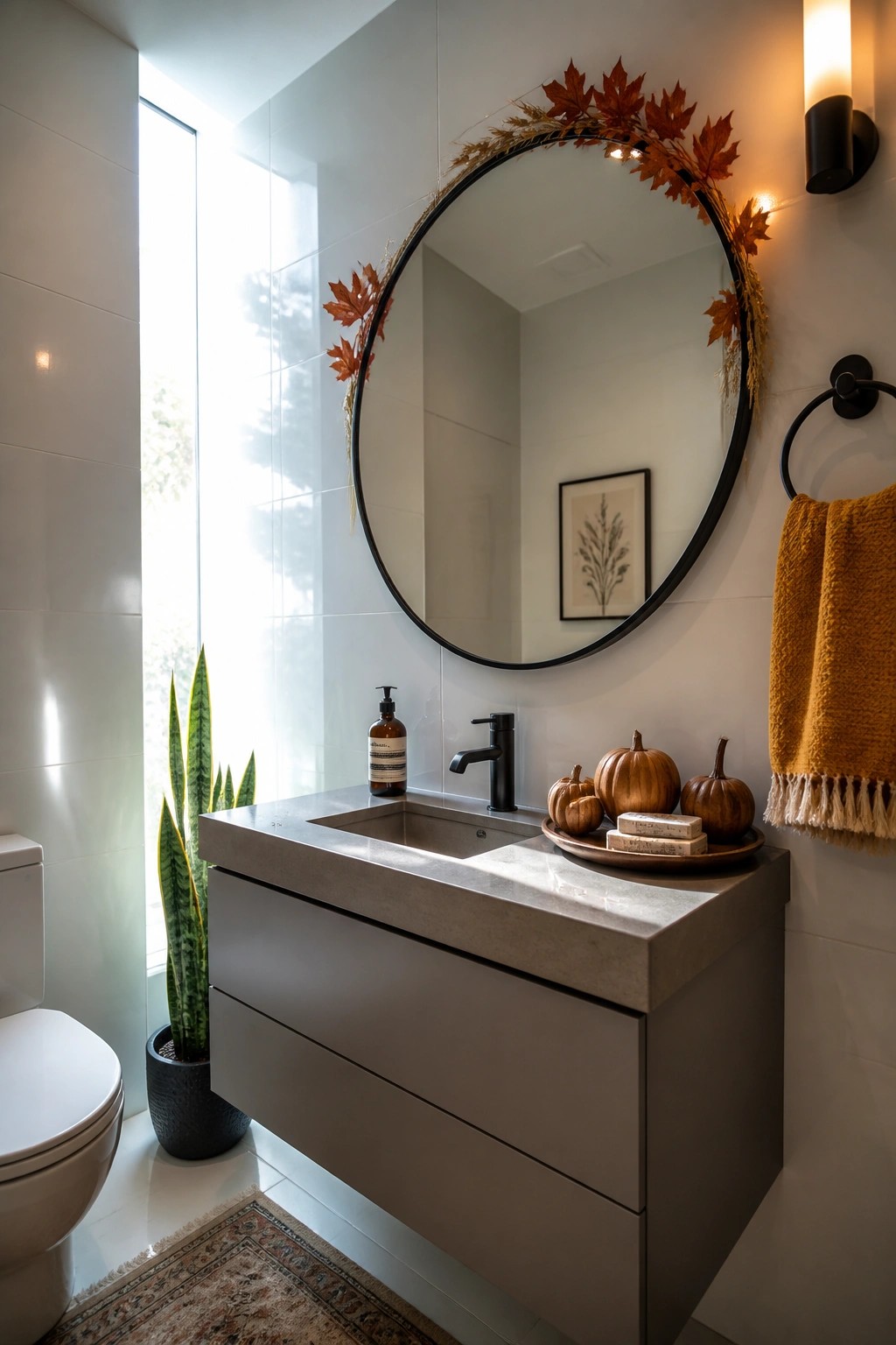A modern bathroom with a round black mirror decorated with orange maple leaves, a concrete vanity, black faucet, small pumpkins on a tray, and a yellow towel on the wall.