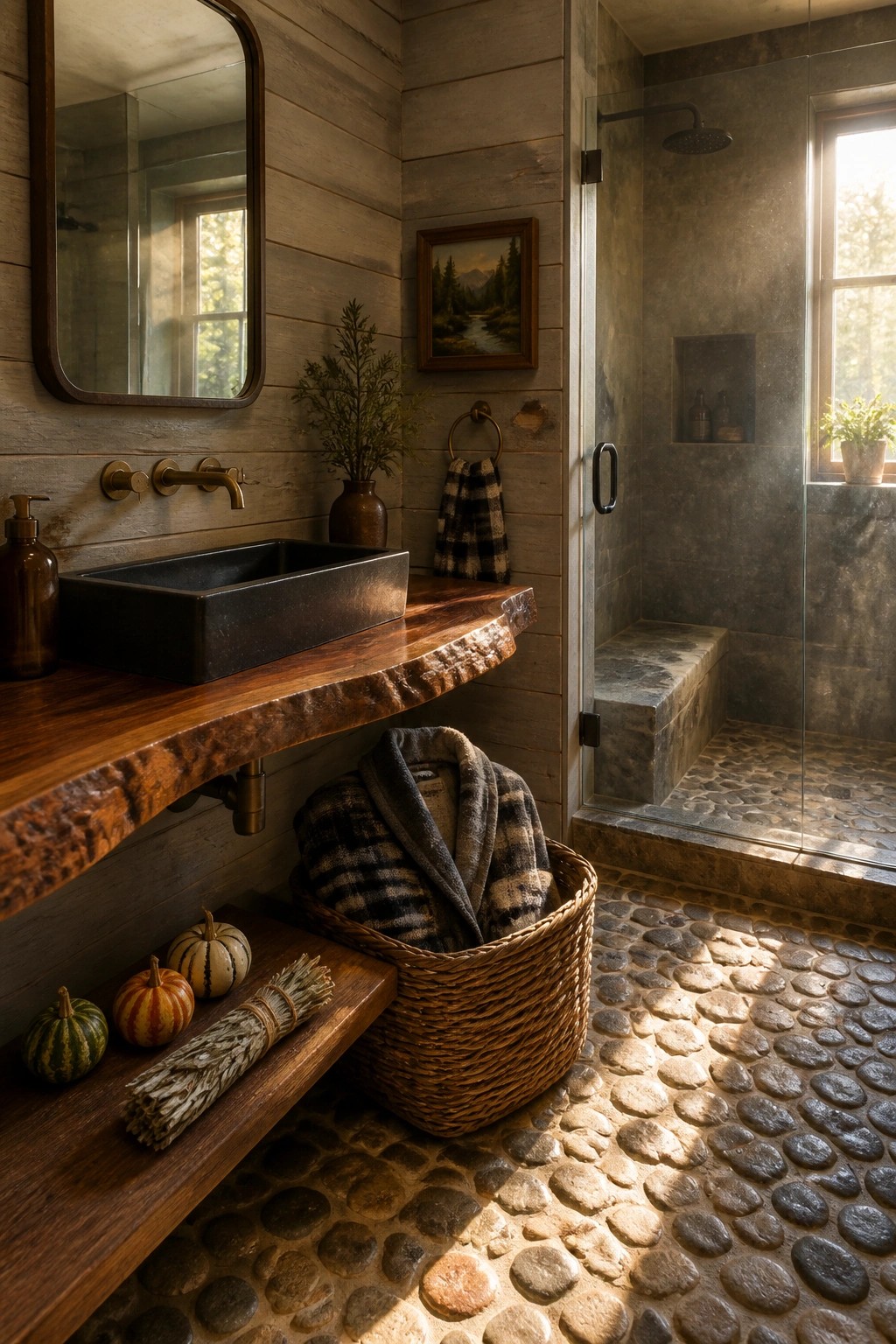 A rustic bathroom with a live-edge wooden vanity, black stone sink, small pumpkins on a lower shelf, a wicker basket with towels, and a pebble floor leading to a glass shower.