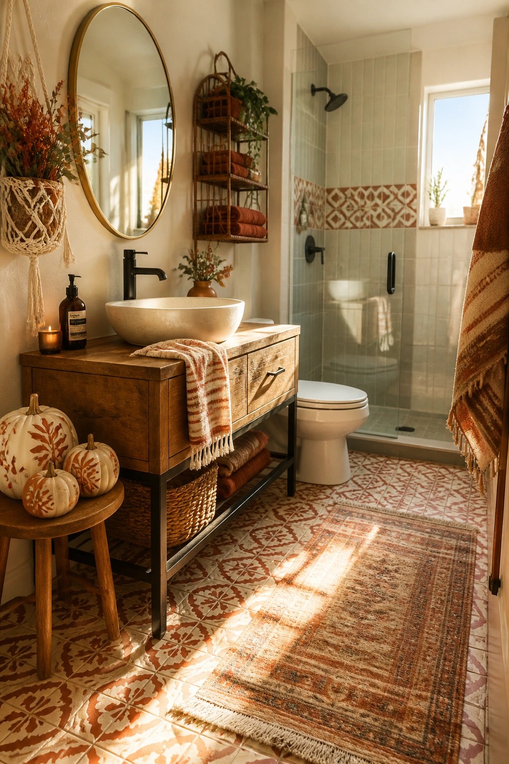 A bathroom with a wooden vanity, stone vessel sink, patterned floor tiles, a runner rug, and several small white pumpkins on a wooden stool.