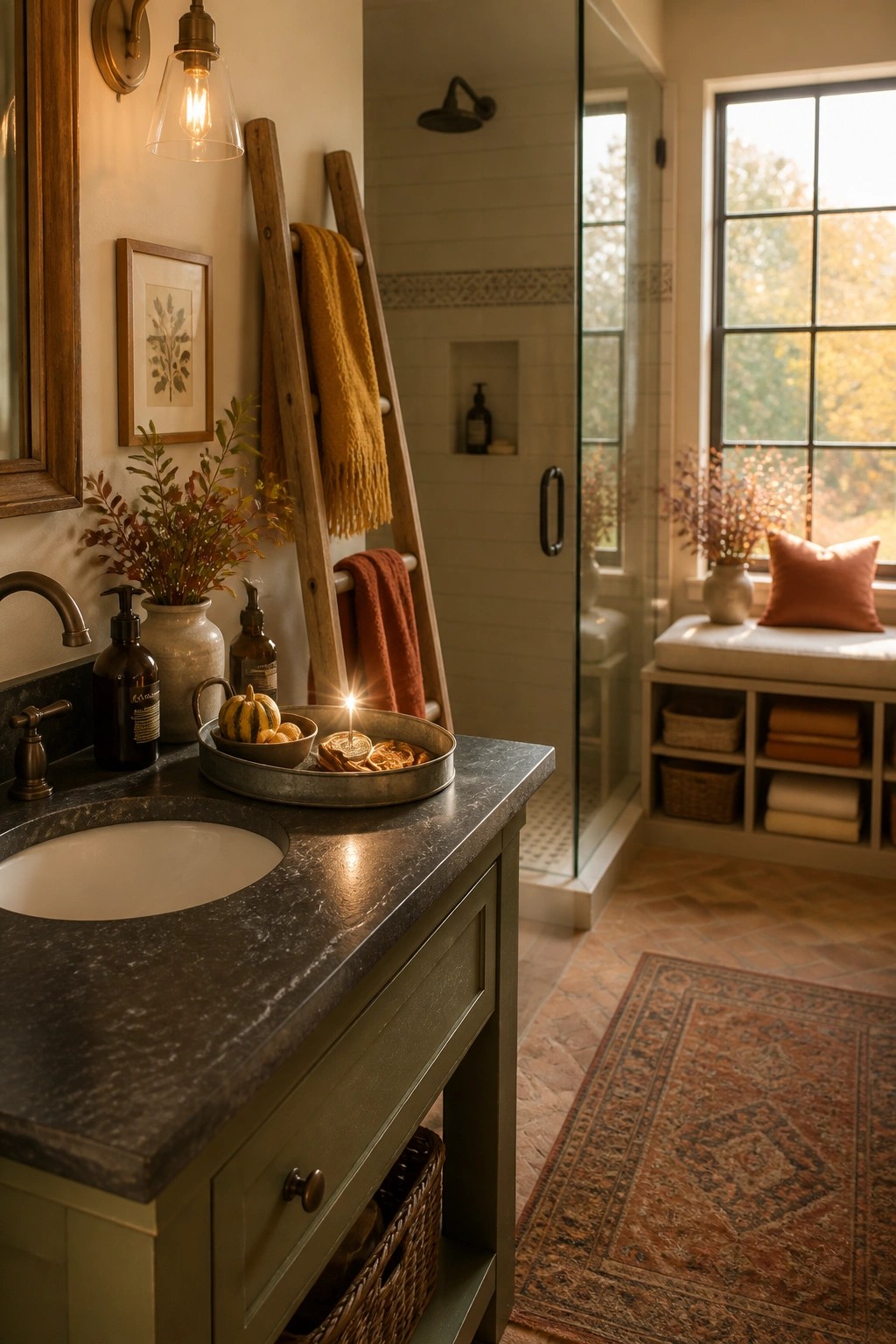 A bathroom vanity with a dark stone countertop holds a metal tray with small pumpkins and a lit candle, next to soap bottles and a vase of dried foliage.