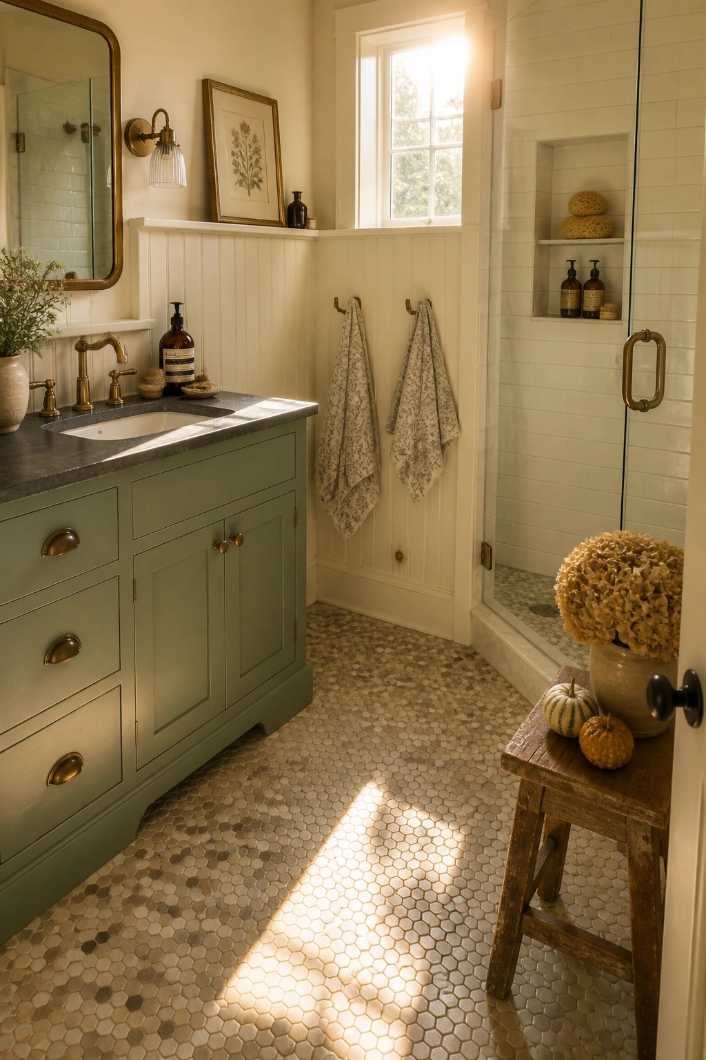 Sunlit bathroom with sage green vanity, hex tile floor, and glass shower.