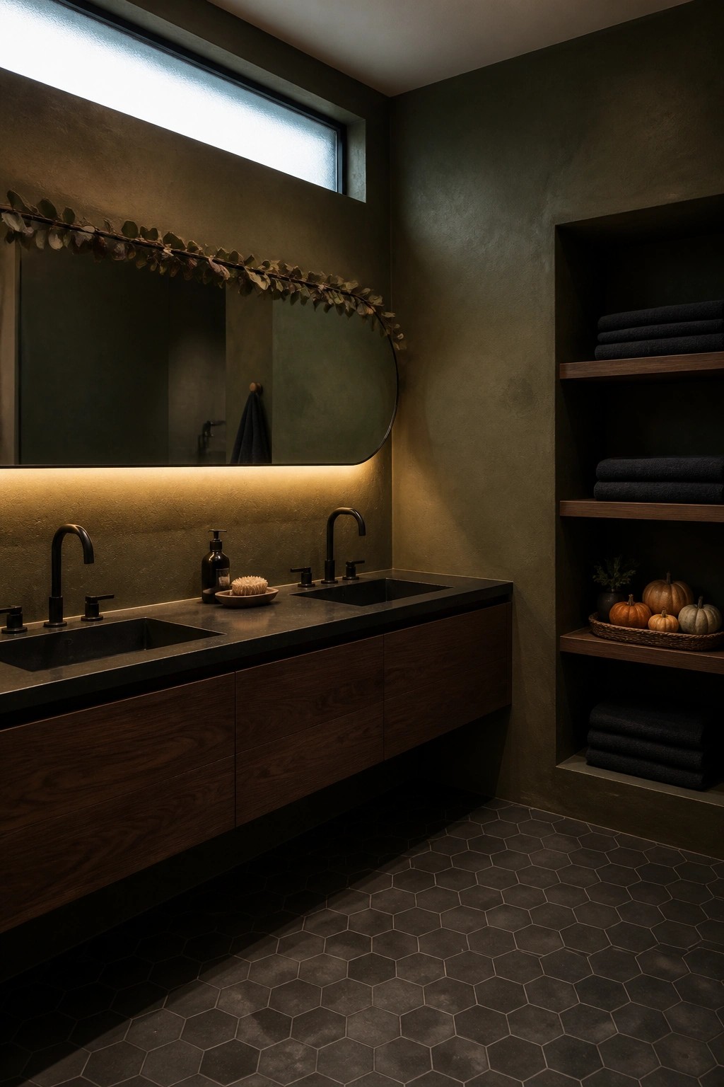 Modern dark green bathroom with wooden double vanity, black sinks, and towel shelves