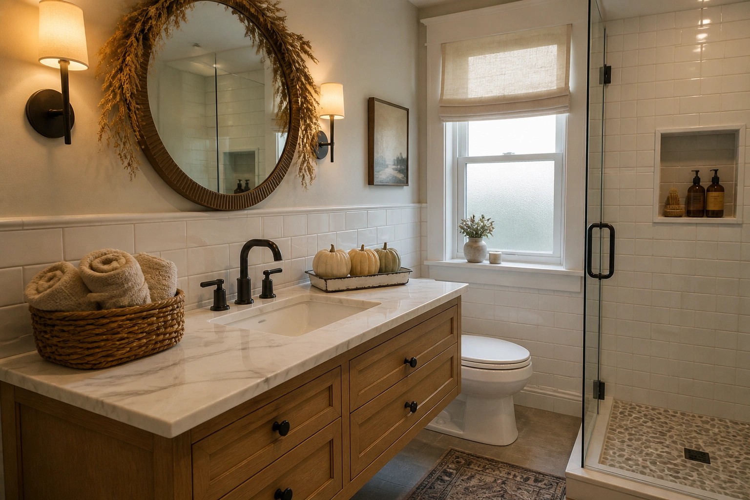 A bathroom vanity with wood cabinetry, white marble top, black faucet, and small pumpkins arranged on a tray next to the sink.