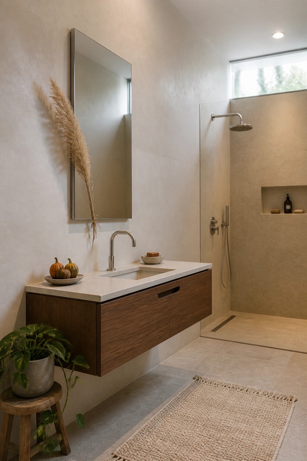 A modern bathroom with a floating wood vanity, light stone countertop, rectangular mirror, and open shower area on the right.