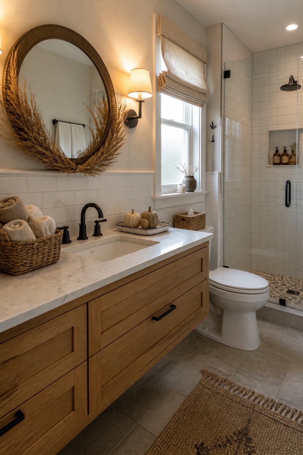 A bathroom vanity with wood cabinetry, white marble top, black faucet, and small pumpkins arranged on a tray next to the sink.