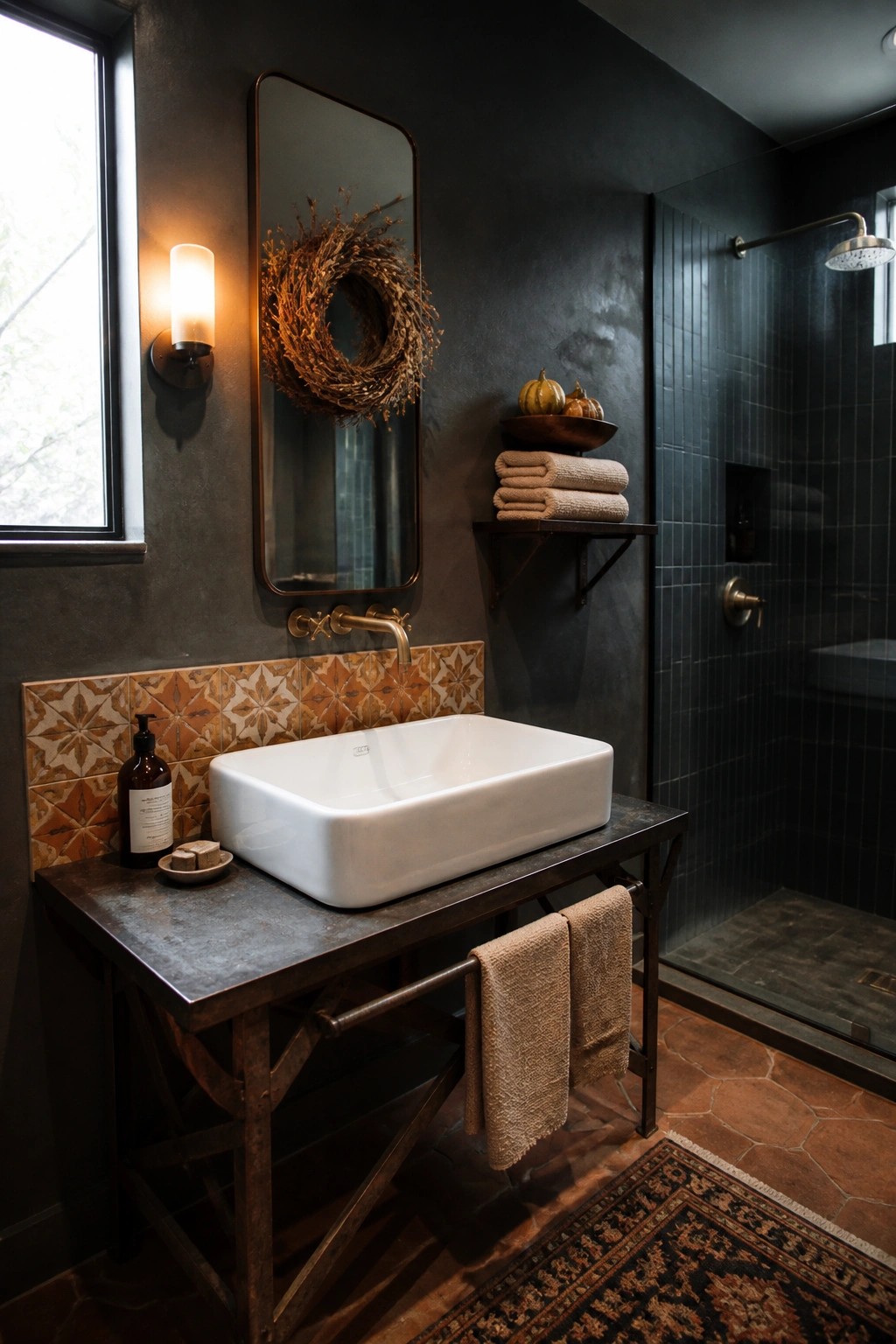 A bathroom with dark walls shows a white rectangular sink on a metal and wood vanity, a mirror with a dried wreath, and small pumpkins on a shelf above folded towels.