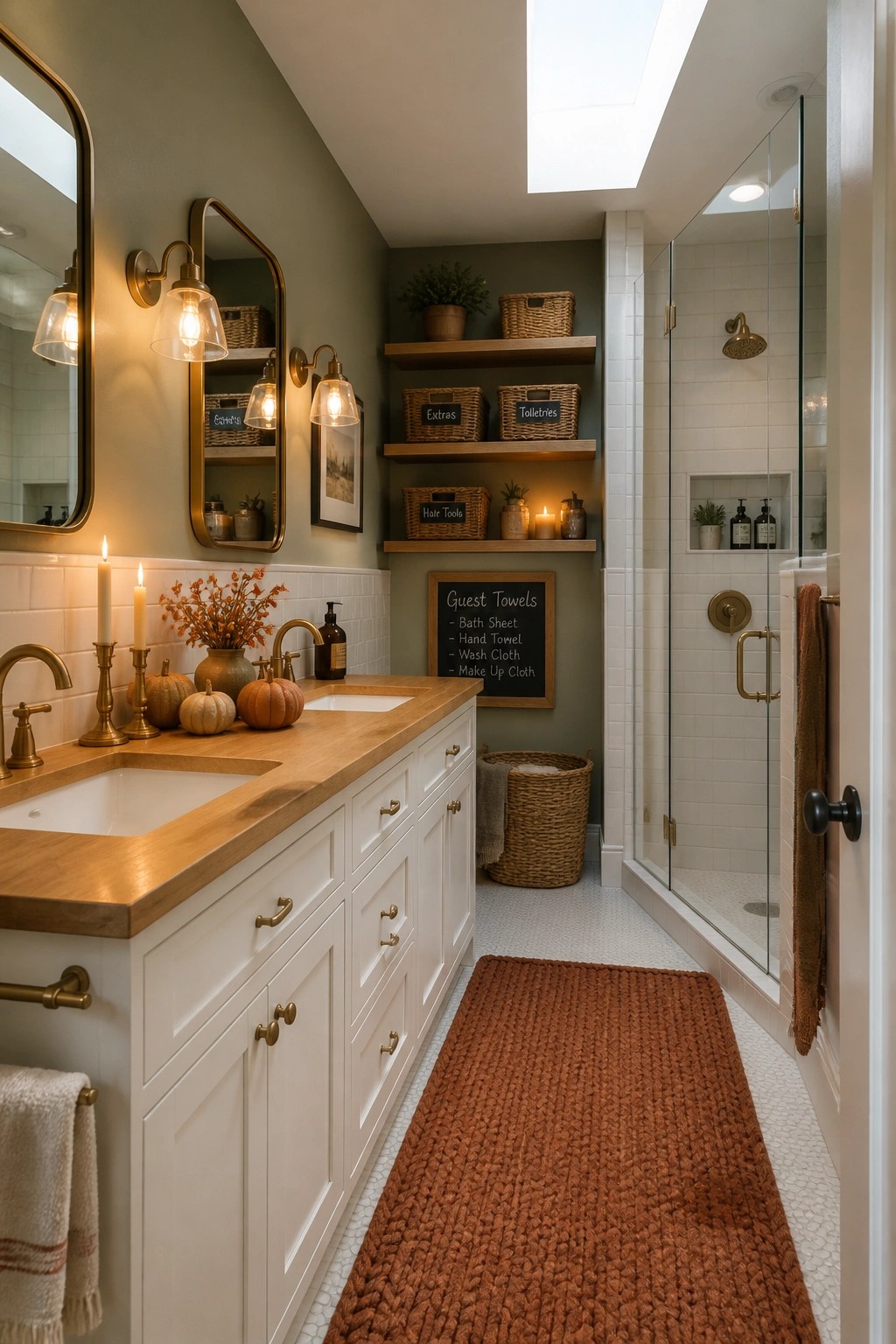 A bathroom with white vanity, wooden countertop, green walls, open wooden shelves holding woven baskets, a chalkboard listing guest towels, and fall decor including pumpkins and candles.