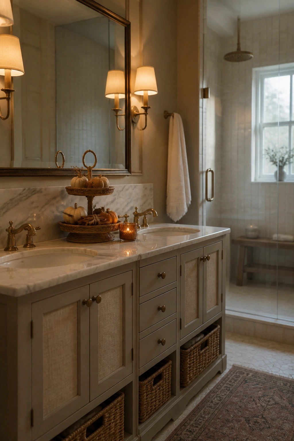 Elegant bathroom vanity with marble top, gray cabinets, pumpkins, and brass fixtures
