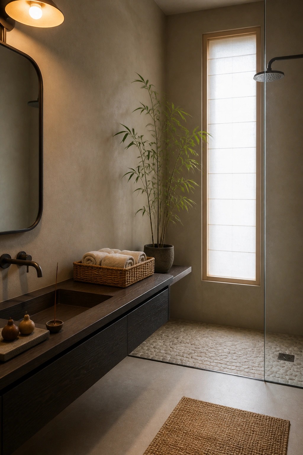 A bathroom with a dark wood floating vanity, a woven basket of towels, a potted bamboo plant, and a glass shower beside a tall window.