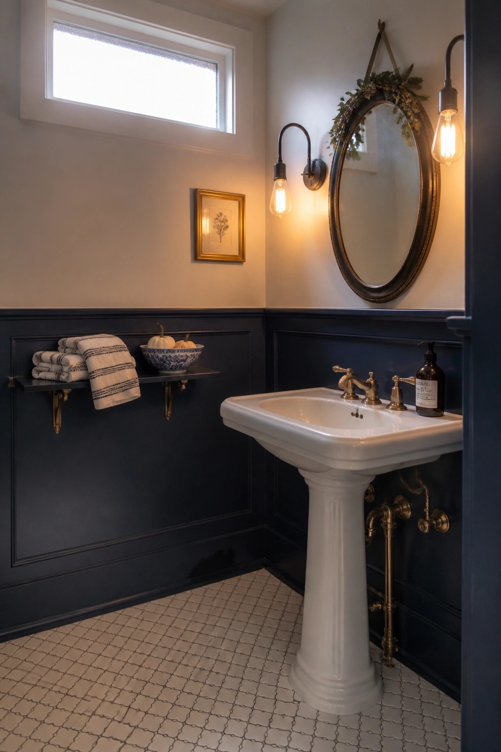 A bathroom interior with navy wainscoting, a white pedestal sink, wall sconces, and a shelf holding folded towels and a bowl with small pumpkins.