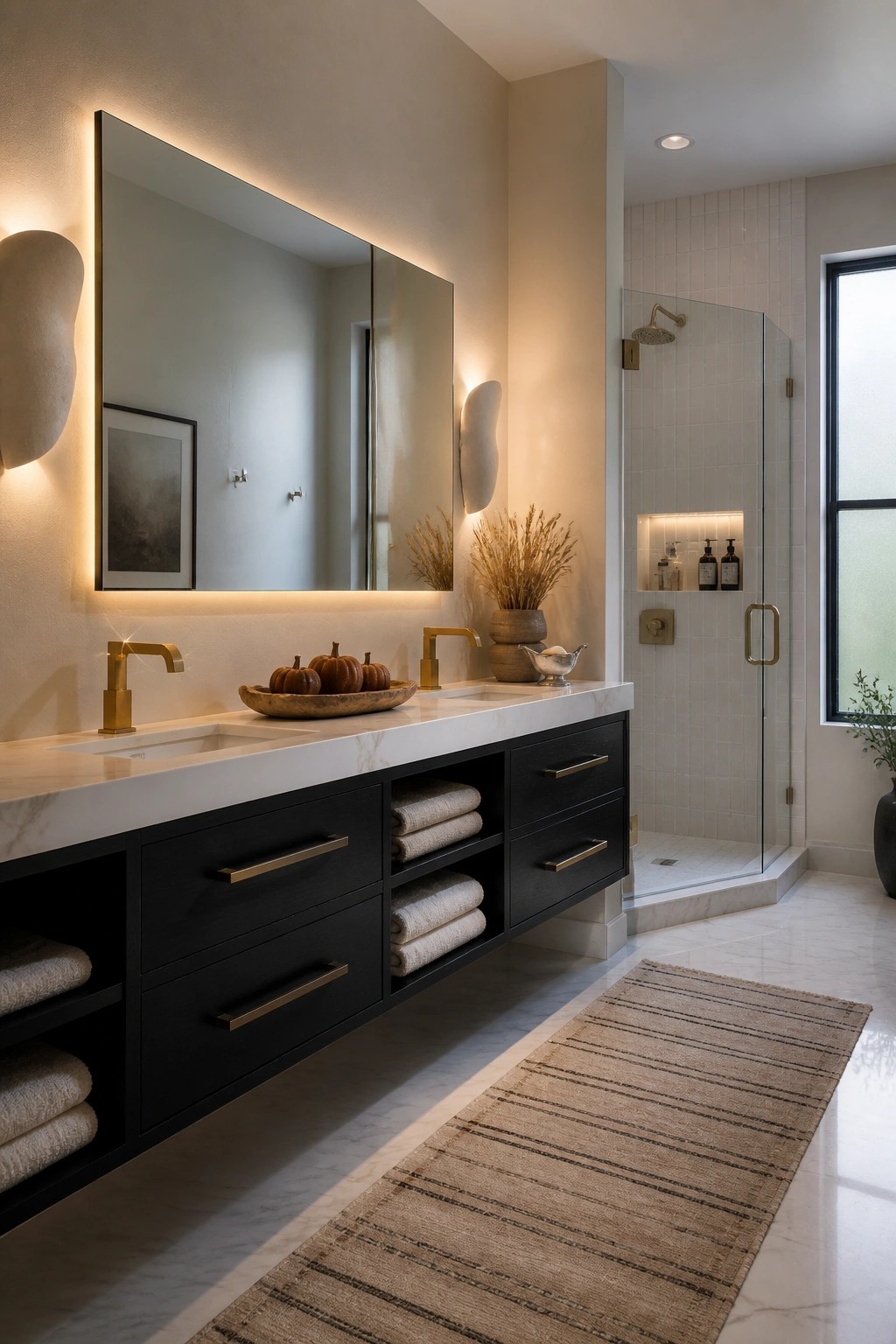 A double vanity bathroom with black cabinets, white marble countertop, open shelves holding stacked white towels, gold faucets, and a large backlit mirror above.