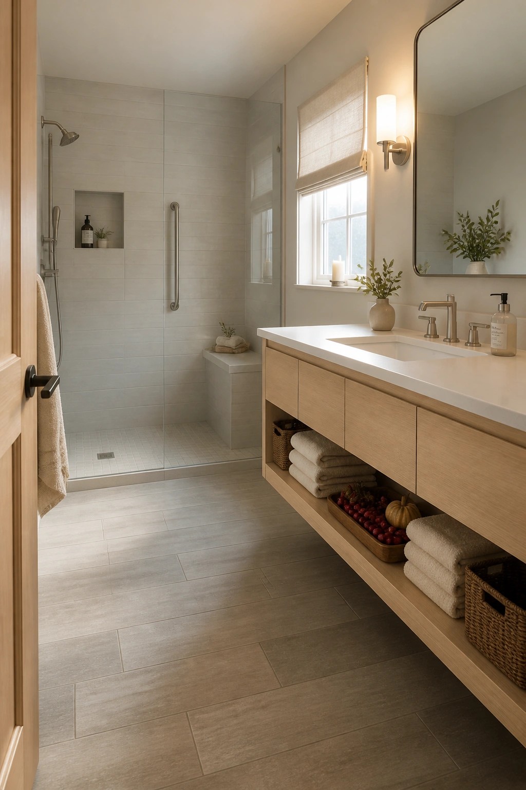 A bathroom vanity with light wood cabinetry and open lower shelving holding stacked towels and a wooden tray of cranberries beside a tiled shower area.