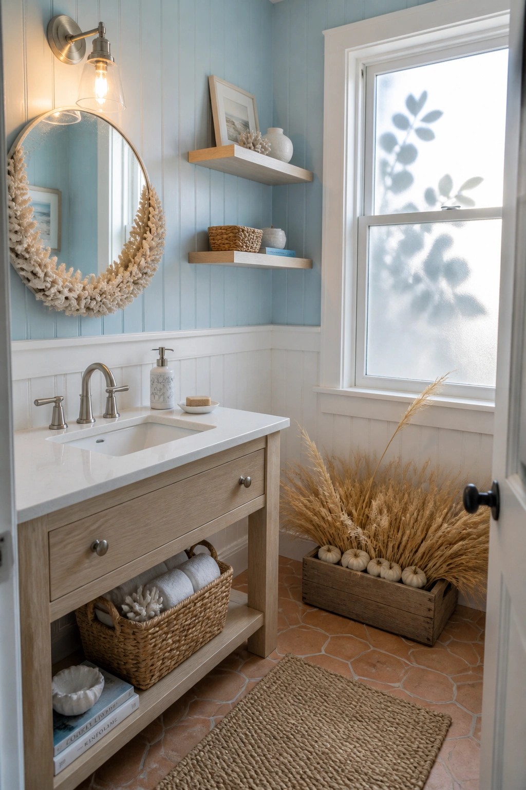 A bathroom interior with a light wood vanity, round mirror framed by coral, floating shelves, and a wooden crate holding small pumpkins and dried grasses on a terracotta tile floor.
