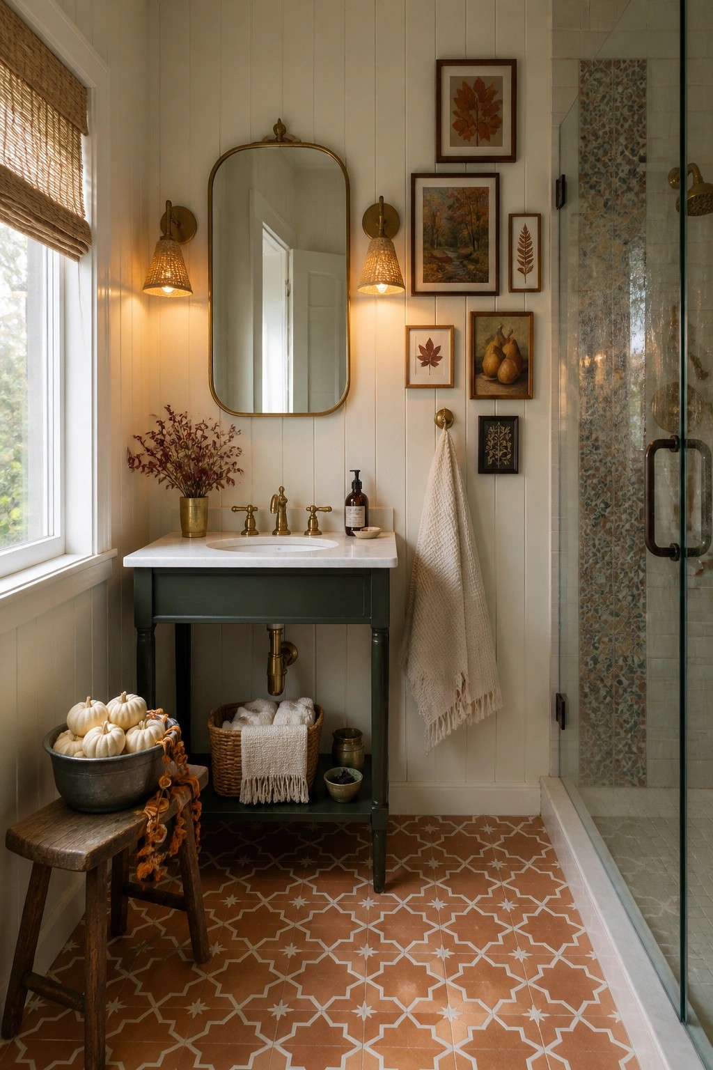 A bathroom with a green vanity, marble sink, oval mirror, and wooden stool holding a metal bowl of small white pumpkins next to a window with a woven shade.
