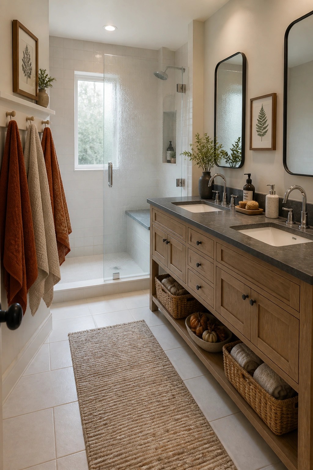 A bathroom with a long wooden double vanity, dark countertop, two sinks, and woven baskets on lower open shelves holding folded towels and a bowl of small pumpkins.