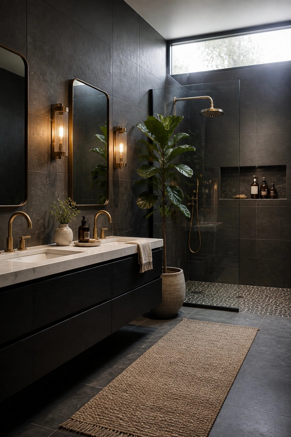 A modern bathroom featuring dark gray tiled walls, a floating double vanity with white marble top and brass fixtures, a large potted fiddle leaf fig plant, a woven rug on the floor, and a glass-enclosed shower.