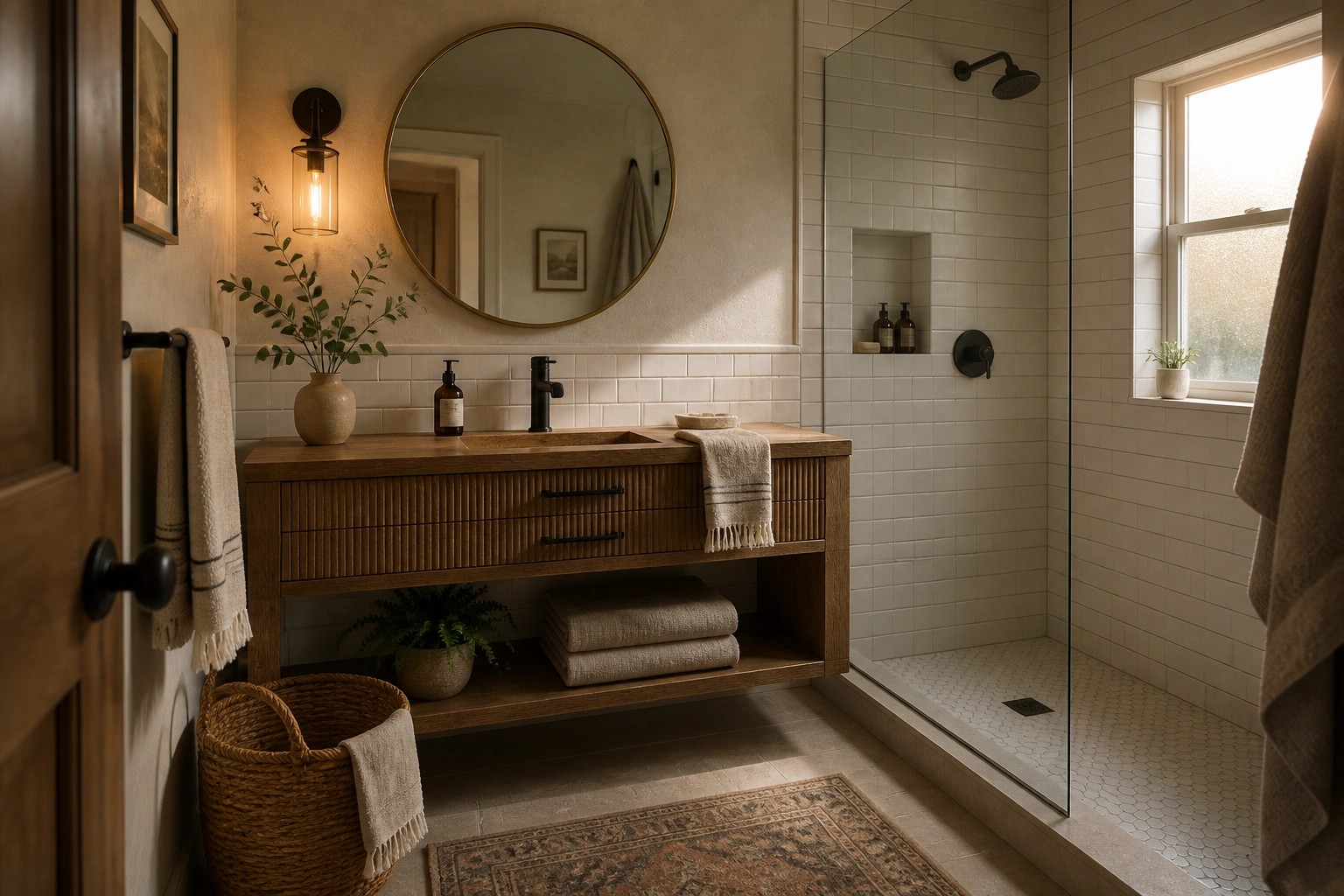 Rustic modern bathroom with wooden vanity, stone sink, round mirror, and tiled shower