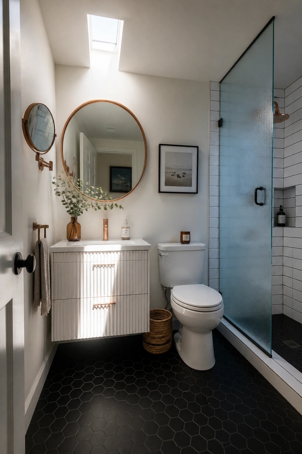 A bathroom interior showing a white floating vanity with vertically fluted drawers, copper hardware, a round mirror, a white toilet, and a glass shower door over black hexagonal floor tiles.