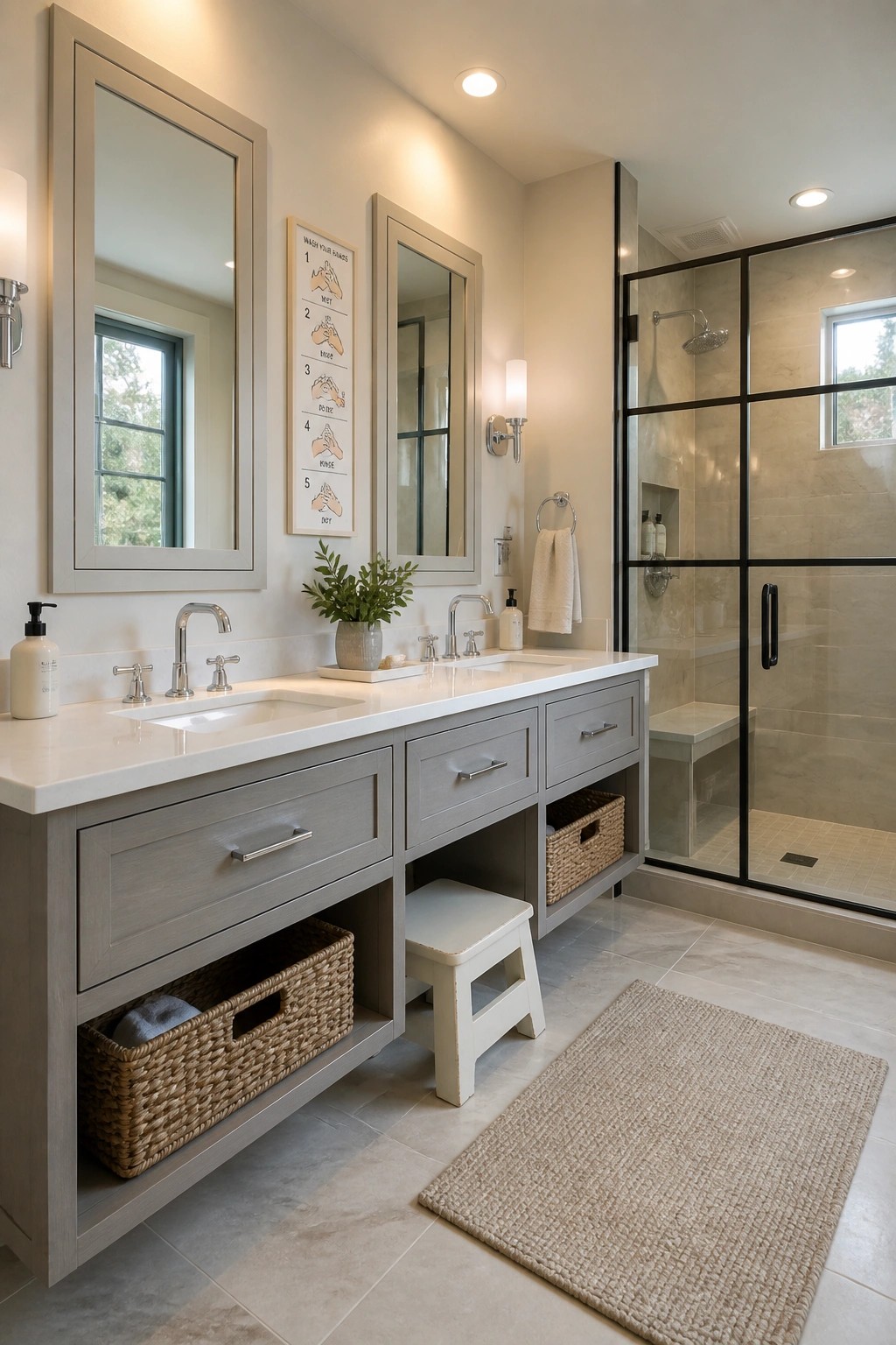 Modern bathroom with double gray vanity, white sinks, black-framed shower, and woven baskets.