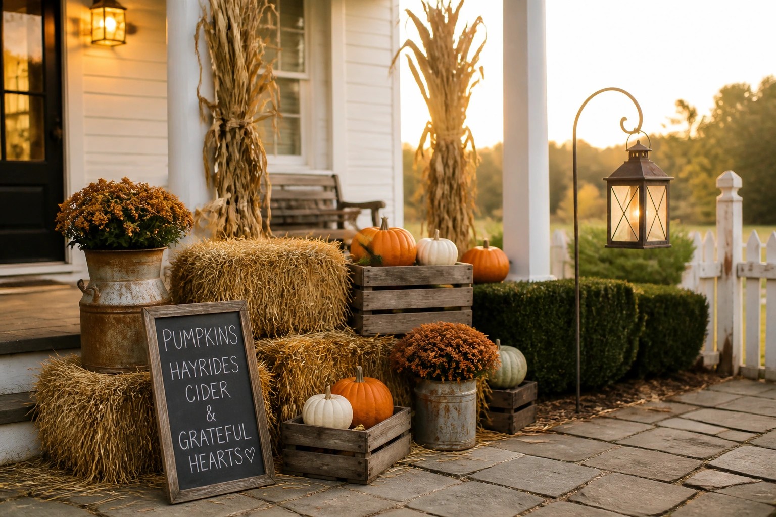 A front porch area with stacked hay bales, wooden crates holding pumpkins, potted orange mums in metal cans, corn stalks, and a chalkboard sign beside a stone path.