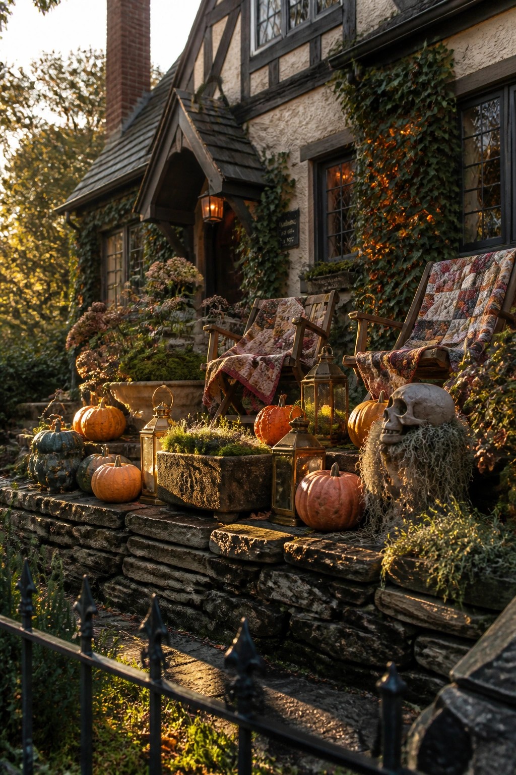 Stone steps leading to a Tudor-style house decorated with pumpkins, lanterns, and a skull for Halloween.