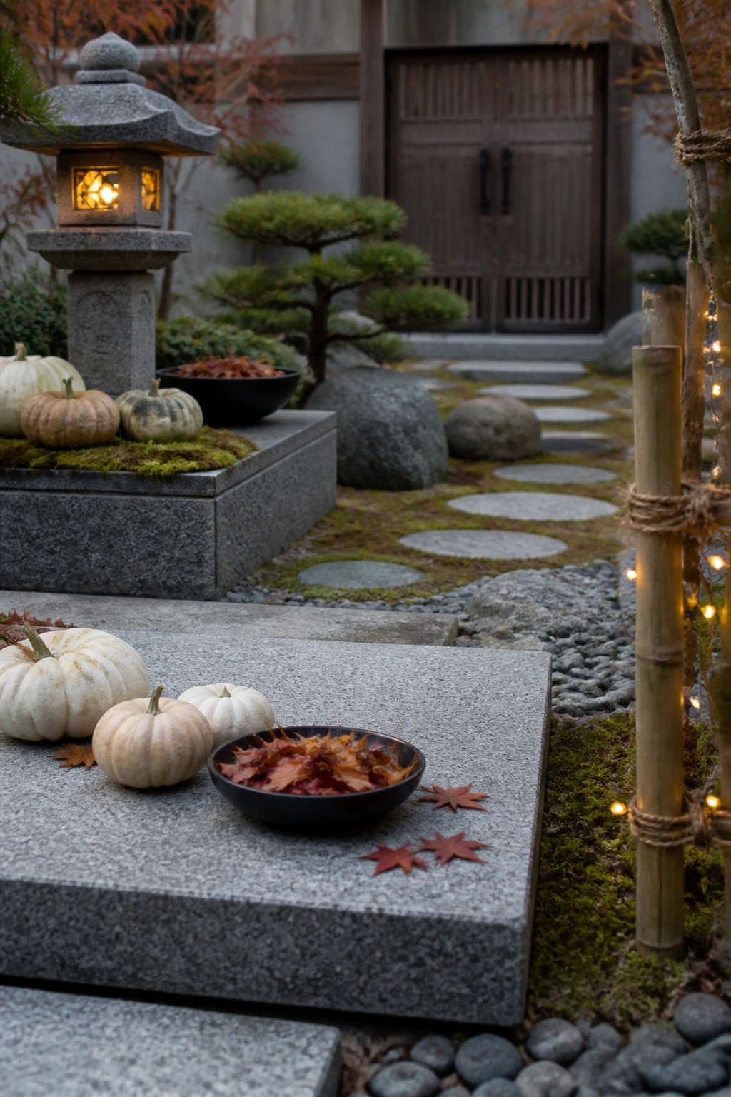 A Japanese-style garden path at dusk with stone stepping stones, a lit lantern, white pumpkins on moss-covered stone platforms, and black bowls filled with red leaves.