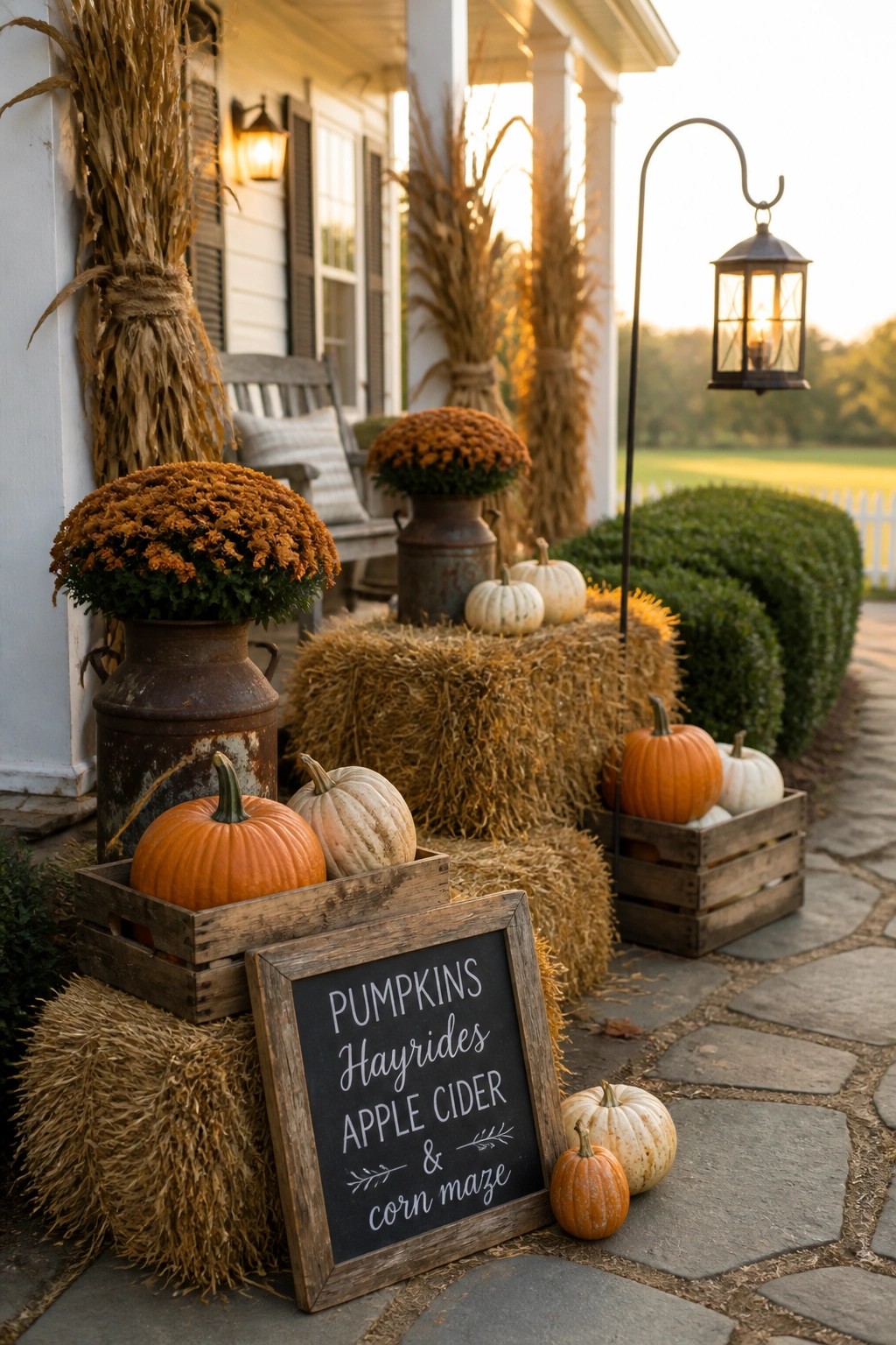 A front porch area with stacked hay bales, wooden crates holding pumpkins, potted orange mums in metal cans, corn stalks, and a chalkboard sign beside a stone path.