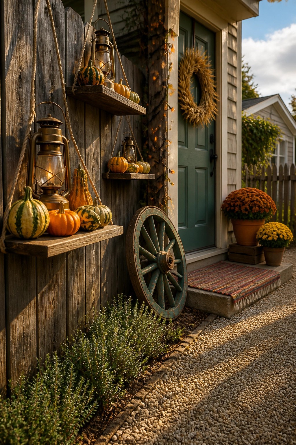 Rustic wooden wall with pumpkins, lit lanterns, wreath on green door, wagon wheel nearby