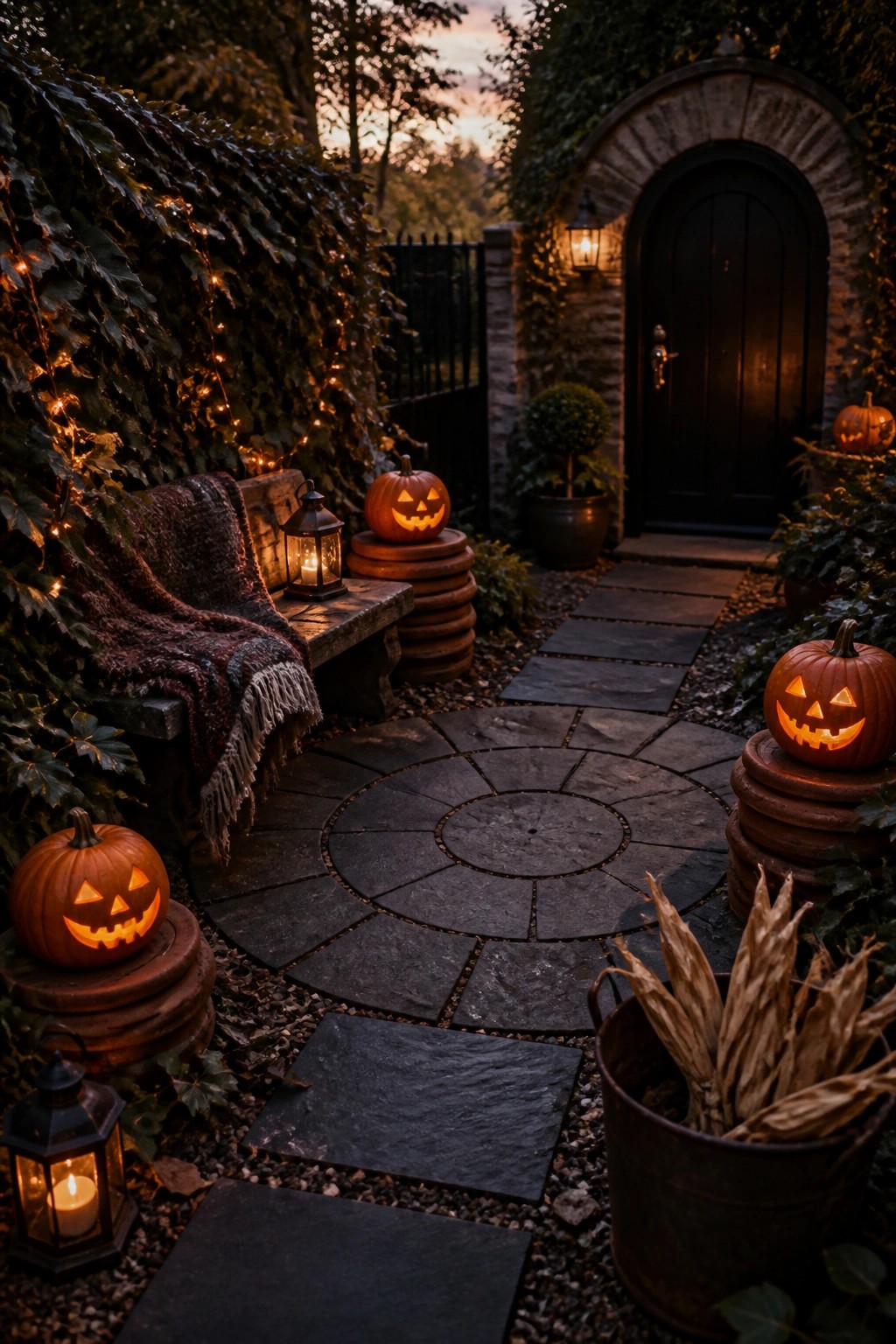 A curved stone pathway lined with glowing jack-o'-lanterns on stacked pots, string lights on ivy, and a black door visible at the end.