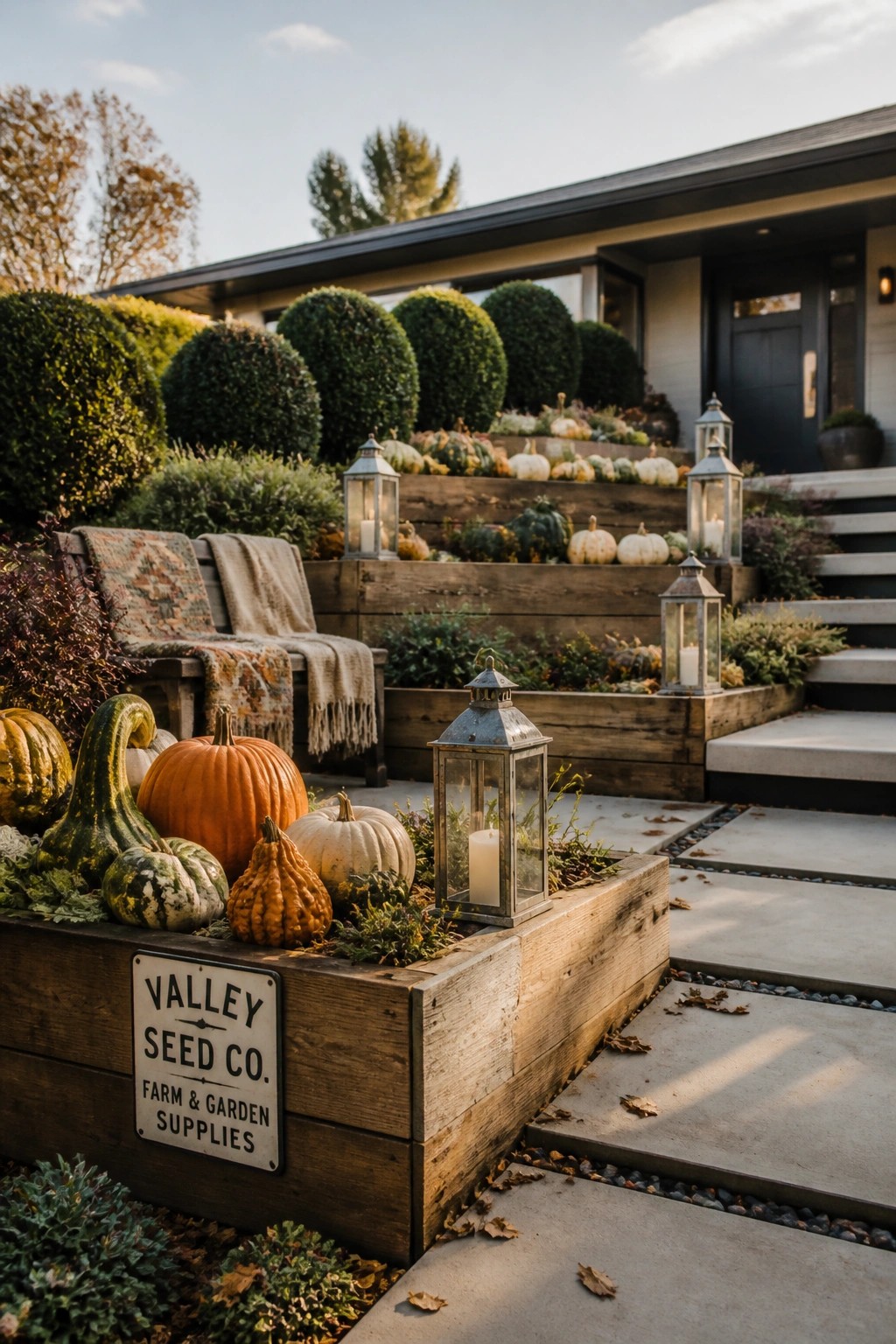 Front yard with tiered wooden raised beds holding pumpkins and lanterns beside steps leading to a house entrance.