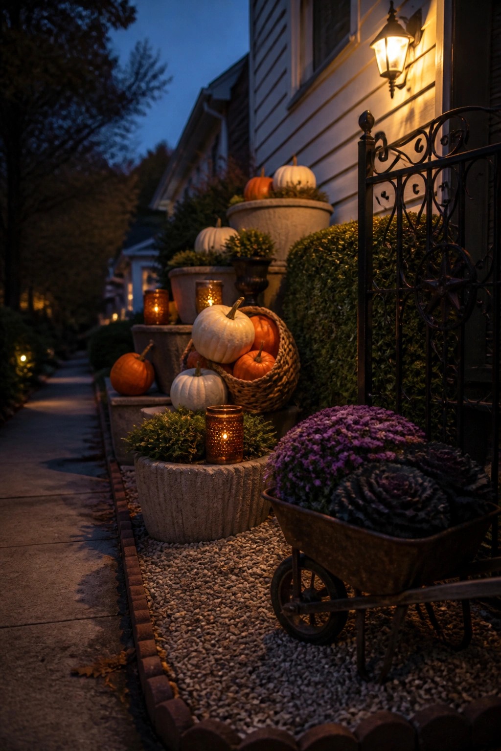 A front yard walkway at dusk lined with stacked concrete pots, a woven basket of pumpkins, glowing candles, and a rusted wheelbarrow holding purple cabbages beside a white house.
