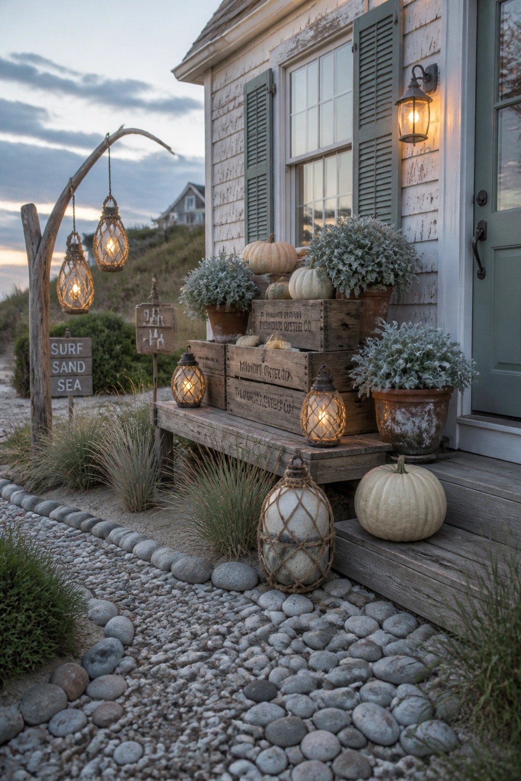 A front porch of a white house decorated with stacked wooden crates holding white pumpkins and potted plants, along with several lit lanterns and a pebble path leading to the steps.