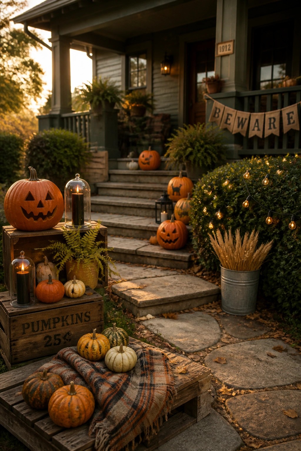 Front yard of a house with carved pumpkins arranged on stacked wooden crates, a pallet, and stone steps, plus string lights on a bush and a beware banner on the porch railing.