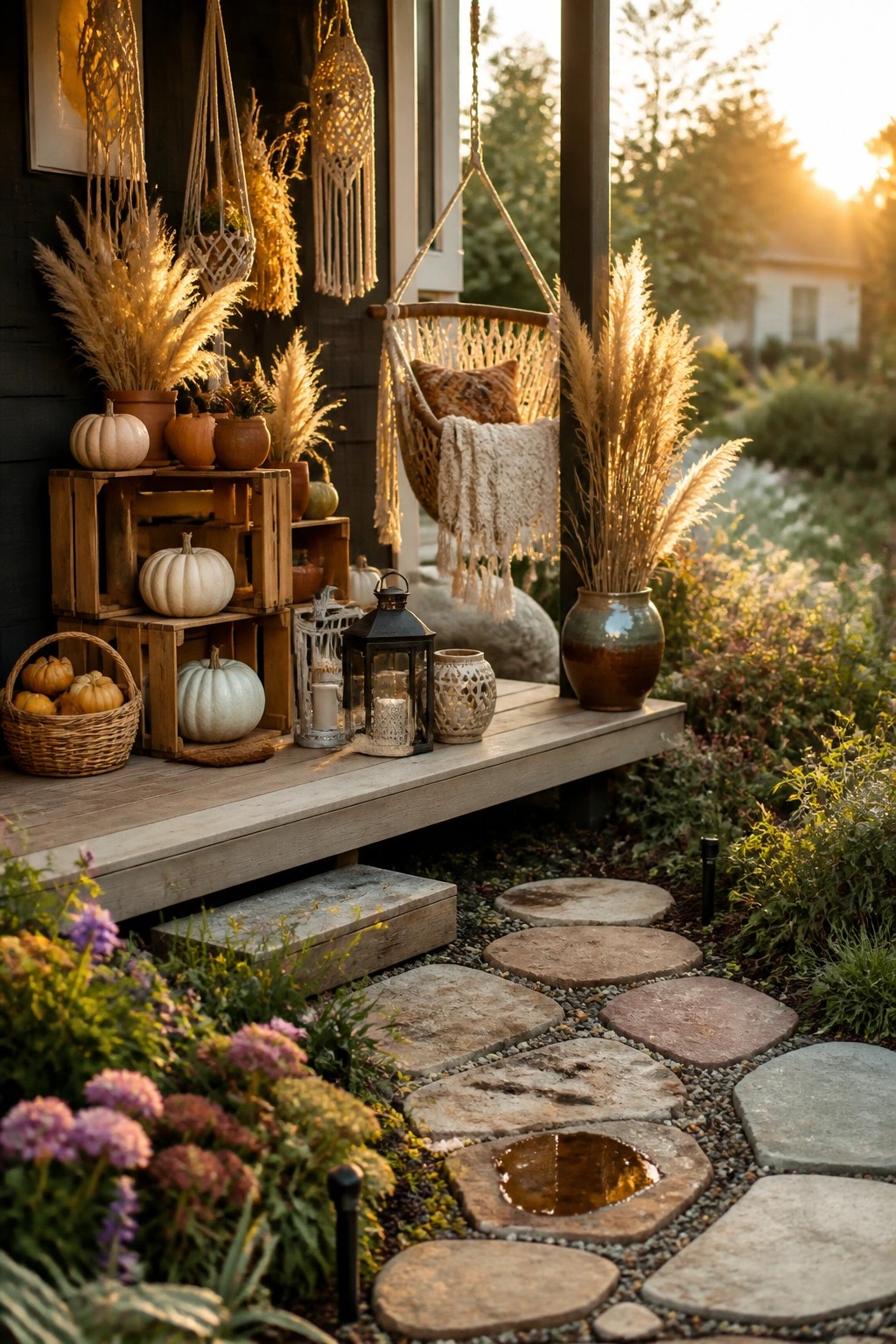 A wooden front porch with stacked crates holding pumpkins and pampas grass, a hanging macrame chair, lanterns on the bench, and a stone path in front.
