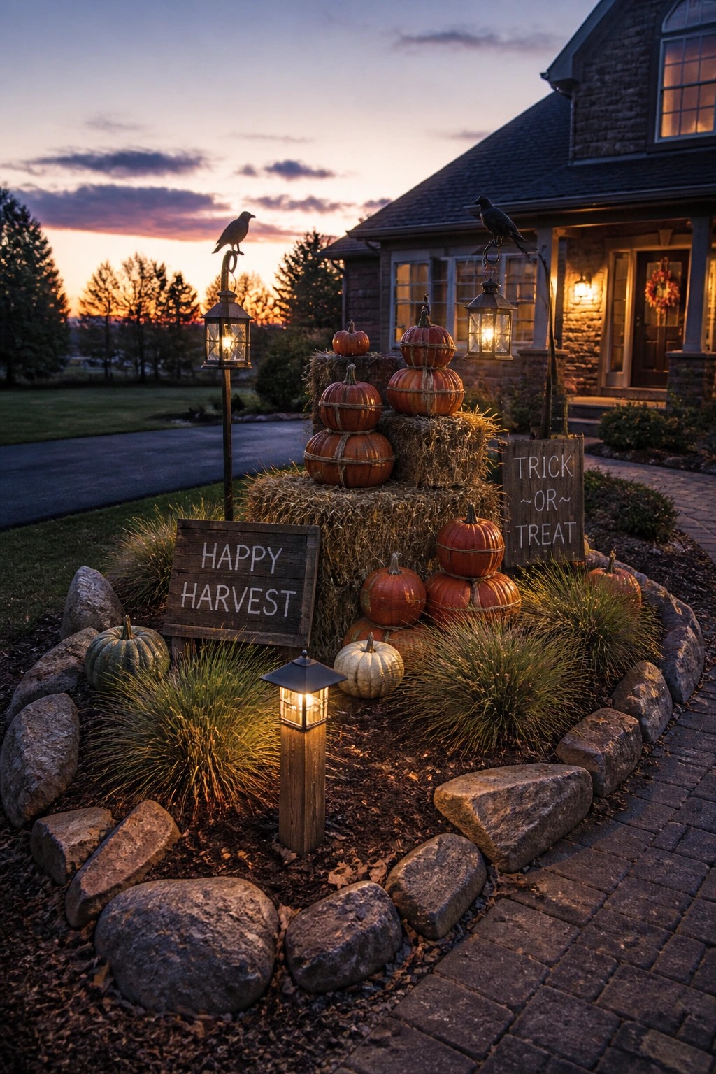 A front yard display shows stacked hay bales topped with pumpkins, surrounded by rocks, lanterns, and wooden signs near a stone house at dusk.