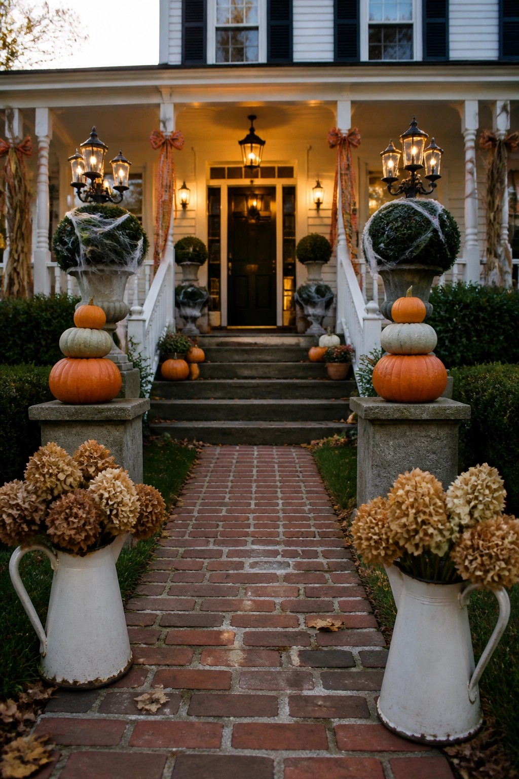 A brick path leads to a white house with stacked pumpkins on stone pillars, spiderweb-covered topiaries, and white pitchers of dried flowers along the front steps.